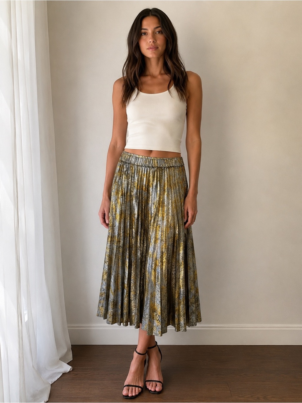 ba&sh Falone Metallic Gold Pleated Midi Skirt NWT,size US 8